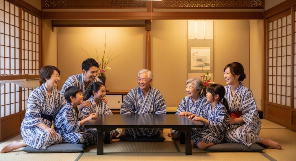 温泉旅館での家族団らん