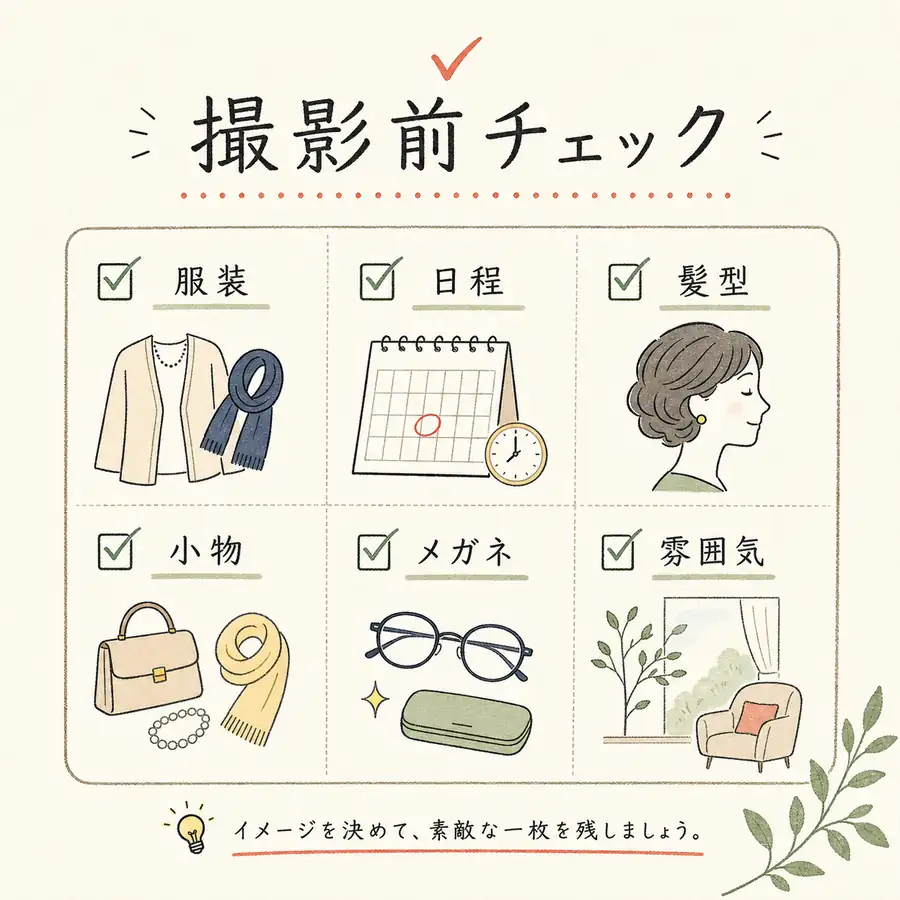 還暦写真の撮影前に準備することのチェックリスト図解