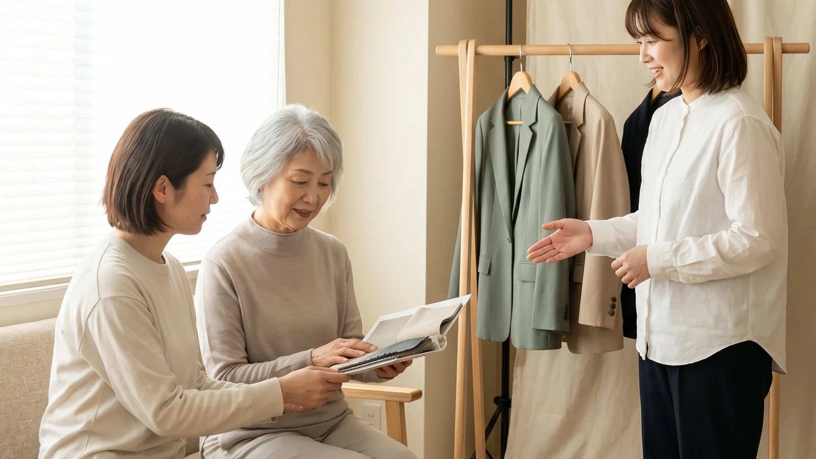 生前遺影撮影で服装と背景と家族相談を一緒に決める様子